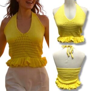 206 SHEIN | NWOT Bohemian Yellow Knit Halter Ruffle Top (size XS,2)